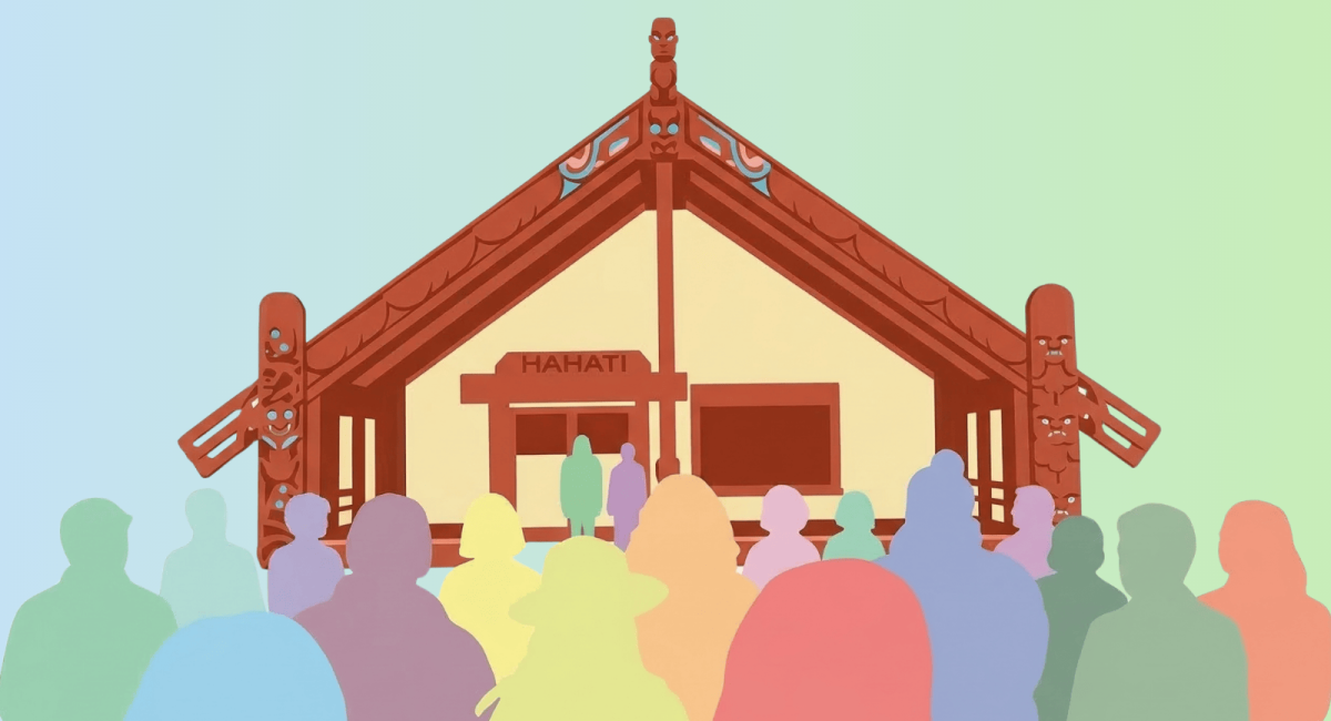 This image shows a minimalist, graphic illustration of a Māori Wharenui (meeting house) against a plain white background. The Wharenui is rendered in earthy terracotta and cream tones with simplified traditional carvings. In the foreground, a group of people is depicted as simplified, flat-color silhouettes in a variety of soft pastel shades—including mint green, pale blue, lavender, and peach—facing toward the building. The style is clean and modern, focusing on geometric shapes and a calm, varied color pa