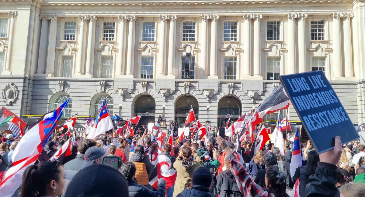 Demonstration for the Treaty of Waitangi. Lots of Māori protesting, lots of tinorangatiratanga flags and a sign that says "long live indigenous resistance'