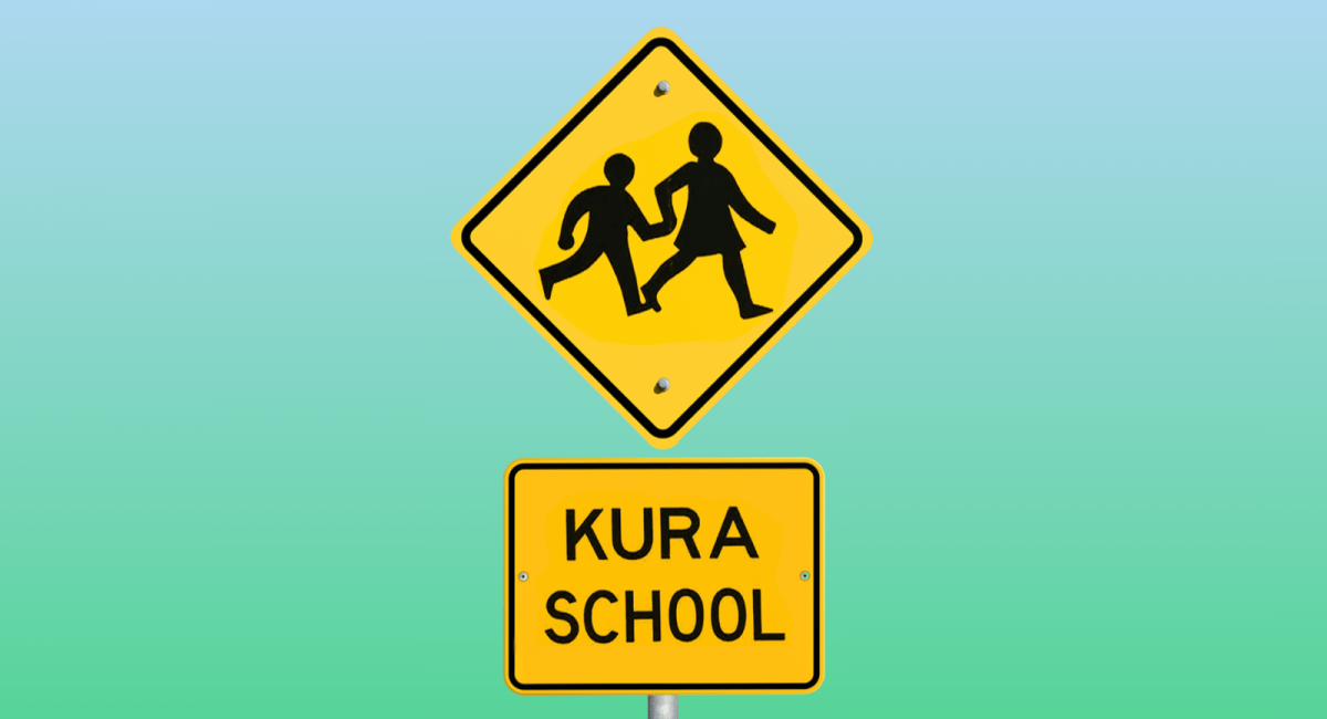 A New Zealand road safety sign featuring a yellow diamond with silhouettes of children walking, positioned above a yellow rectangular sign that reads "KURA SCHOOL" in bold black text.